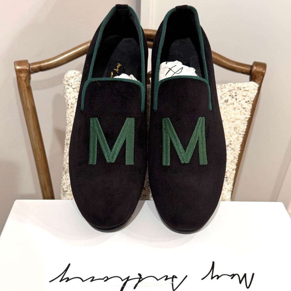 May Anthony Monogram “M” Black Velvet  Loafers Handmade Men’s 8 NIB Preppy Shoe